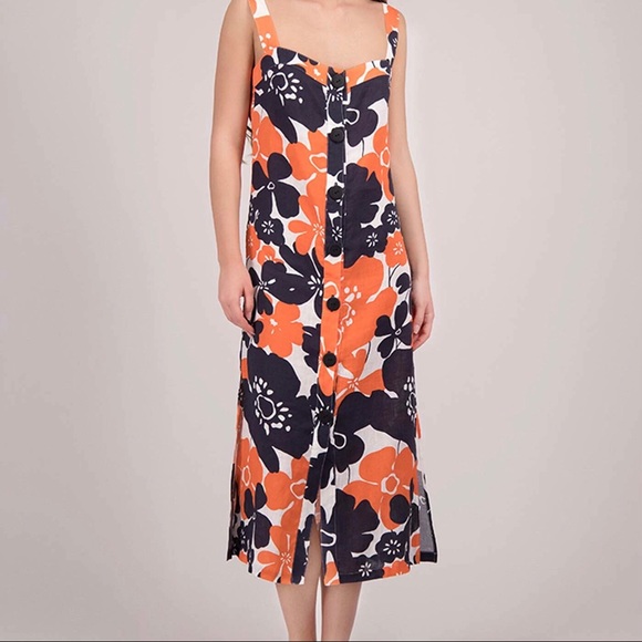 Cala de la Cruz Amara Geometric Linen Midi Dress - Blue & White